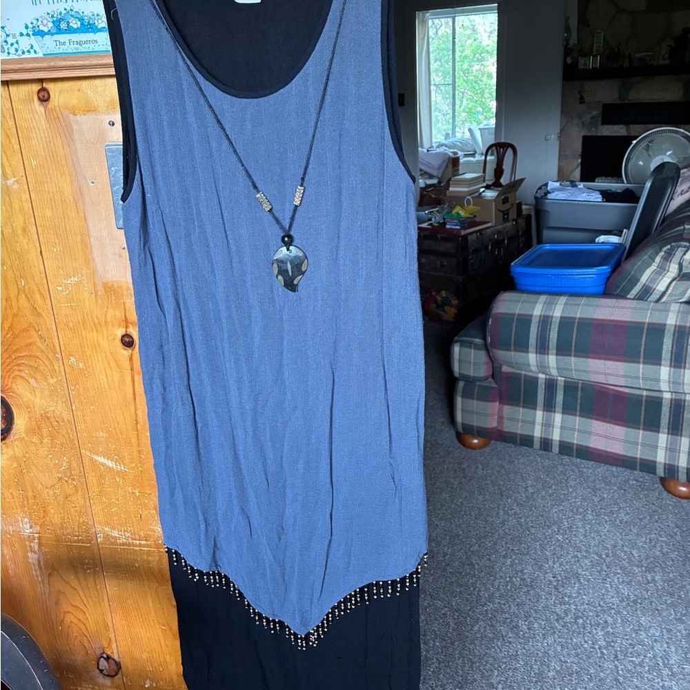 Nina Piccalino Blue and Black Beaded-Hem Layered Tank